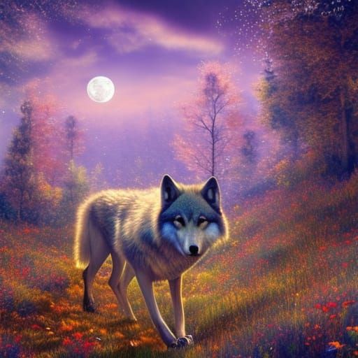 Wolf in Autumn Meadow Under Moonlit Sky