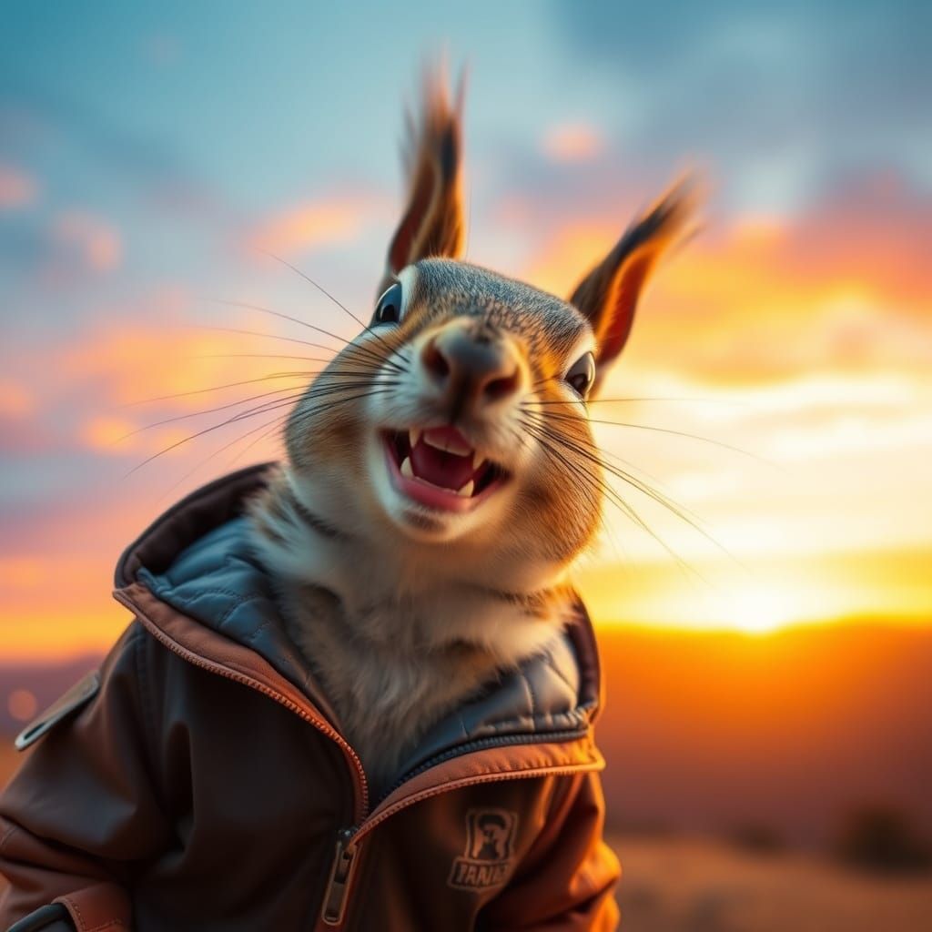 Squirrel Photobomb Sunset Portrait in Digital Painting Style