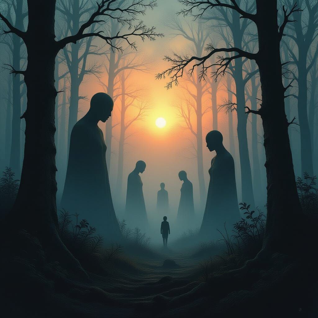 Eerie Forest Dawn: Humanoid Trees in Dark Mist