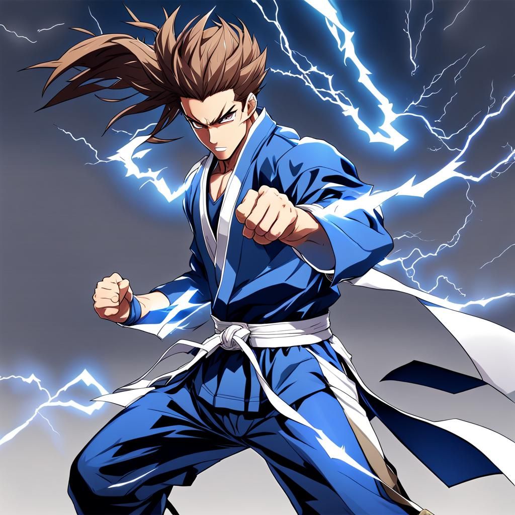 Anime-Style Martial Artist in Lightning Storm