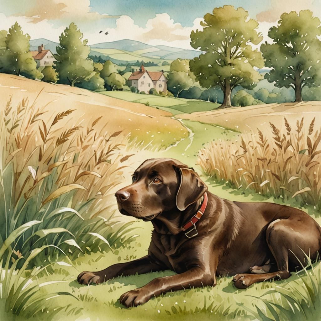 Chocolate Lab and Mouse: Whimsical Storybook Scene