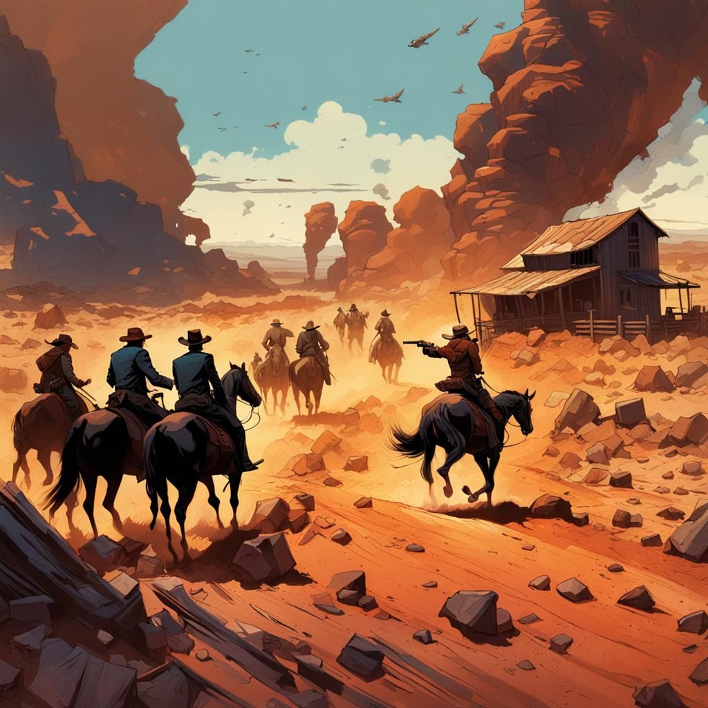Intense Cowboy Shootout in a Matte Painting Style