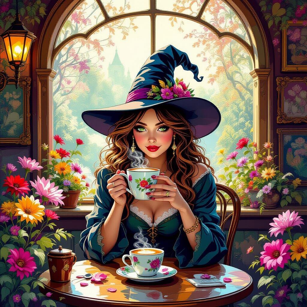 Magical Witch Cafe with Glowing Flowers and Vibrant Colors