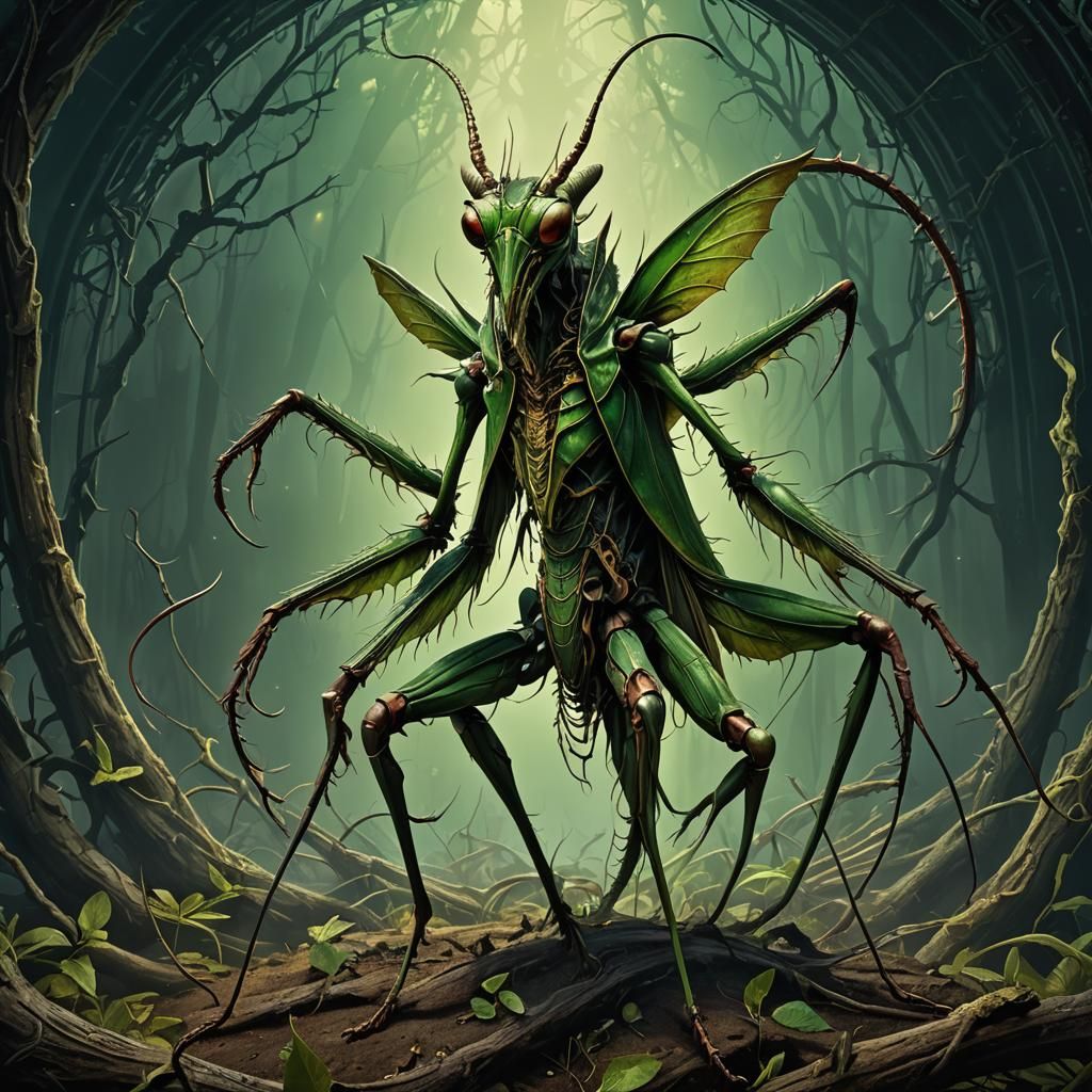 Praying Mantis Krampus Hybrid in Surrealist Style