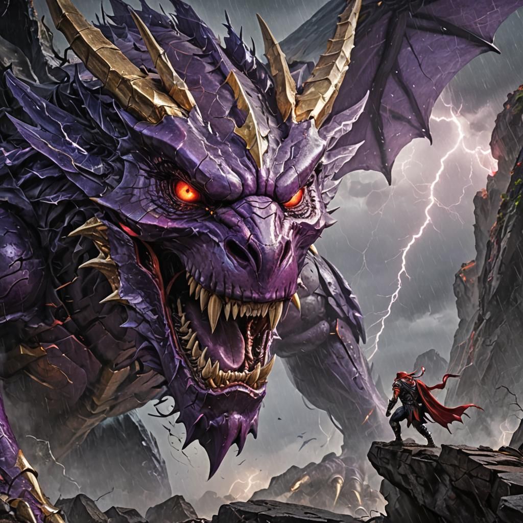 Furious Metallic Dragon Roaring in Storm: Digital Illustrati...