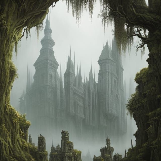 Creepy University Landscape Painting in Surreal Horror Style