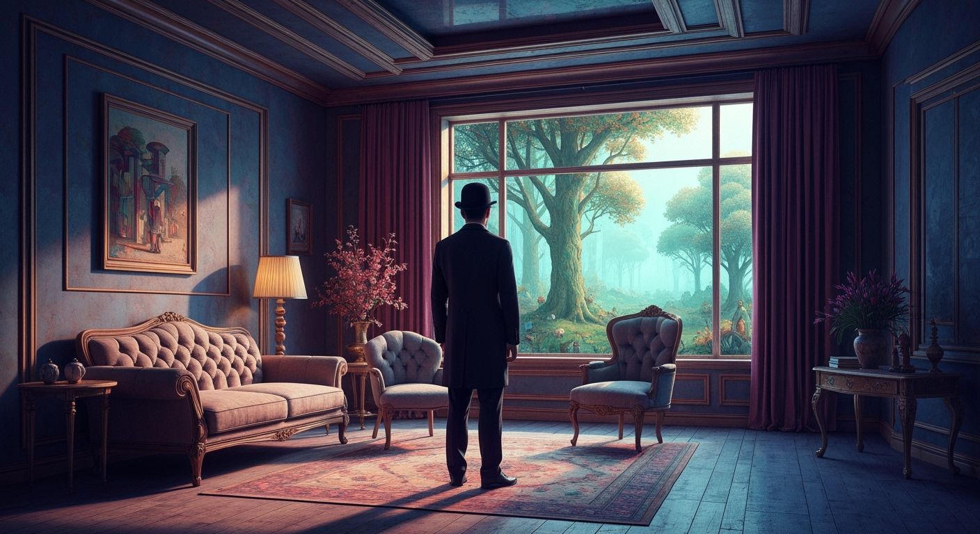 Surreal Cosmos Living Room with Forest View in Ligne Claire ...