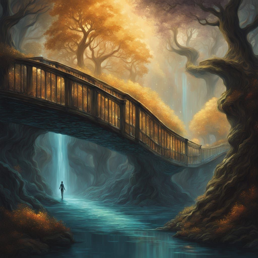 Surreal Dreamscape with Liquid Gold Rivers and Light Trees