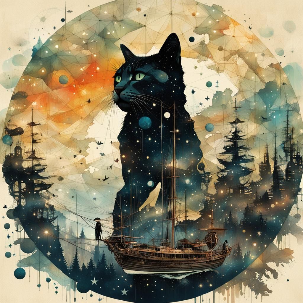 Galactic Cat Silhouette Double Exposure Illustration