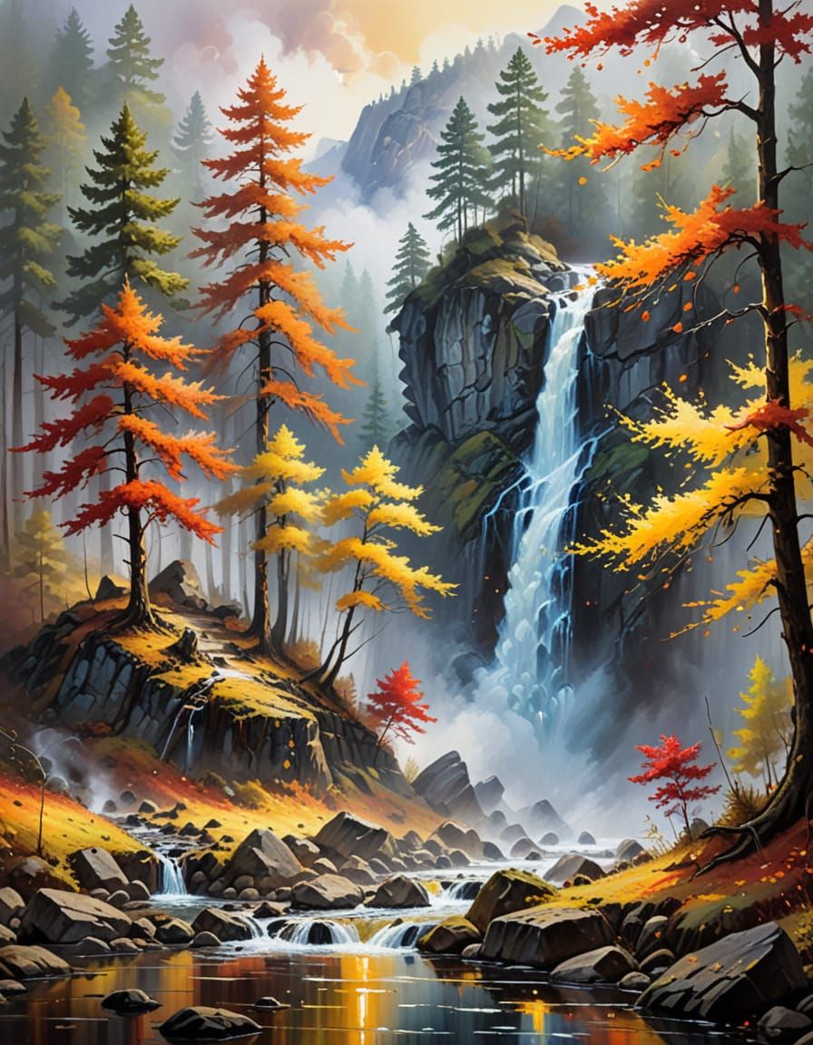 Misty Autumn Waterfall in Steampunk Style