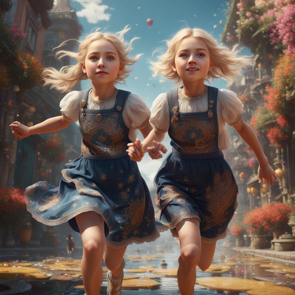 Two Young Girls Skipping in a Fantastical Landscape