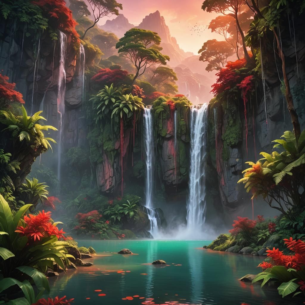 Waterfall and Lagoon at Sunrise: Vibrant Digital Painting