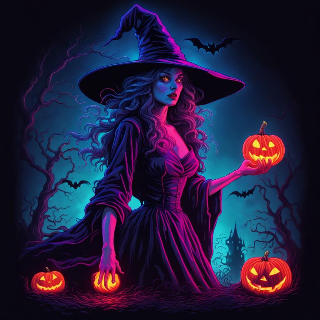 Halloween Witch in Neon Horror Style