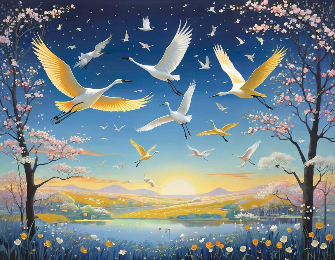 Cranes Soar into Springtime in Vibrant Watercolor Style