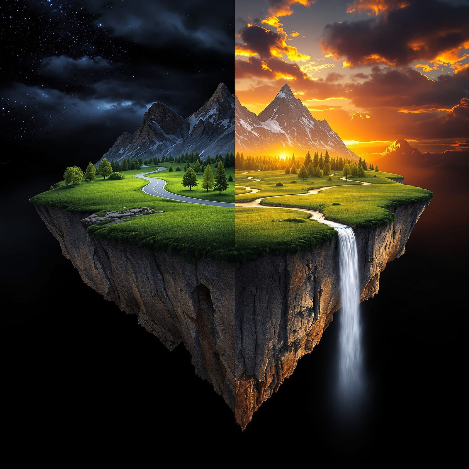 Floating Island in Space with Divided Light and Shadow