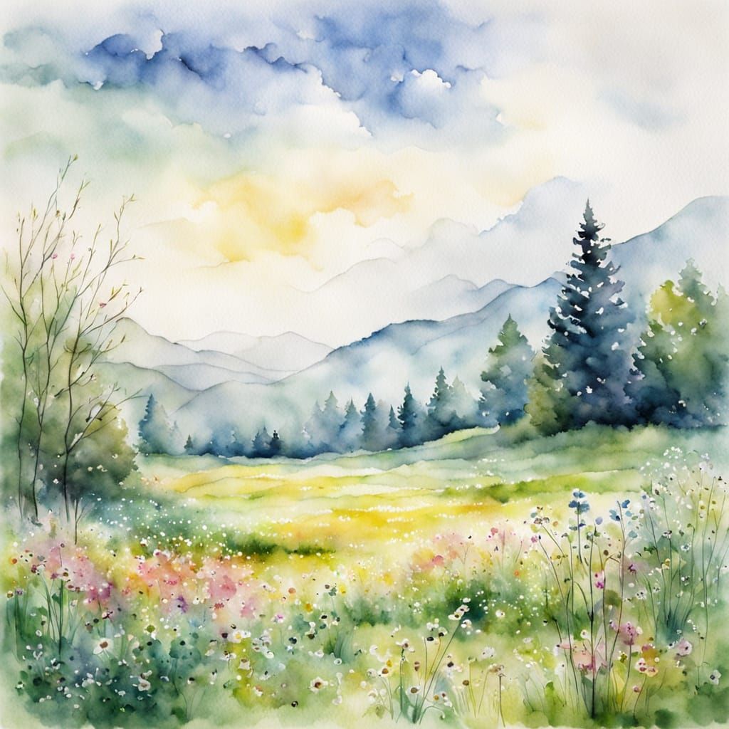 Delicate Spring Landscape in Watercolor Style