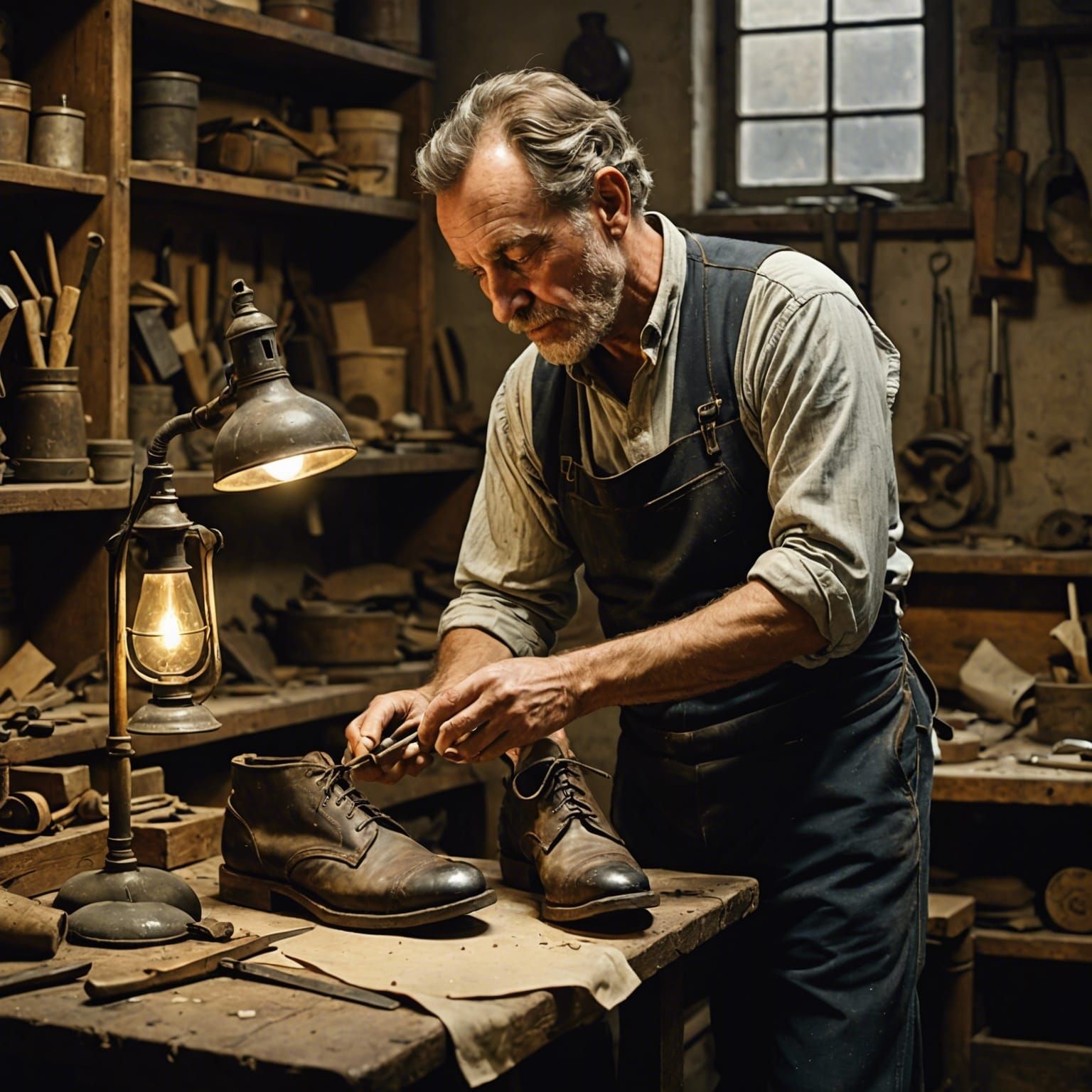 Cobbler Repairs Shoe in Workshop, Ink Wash Style