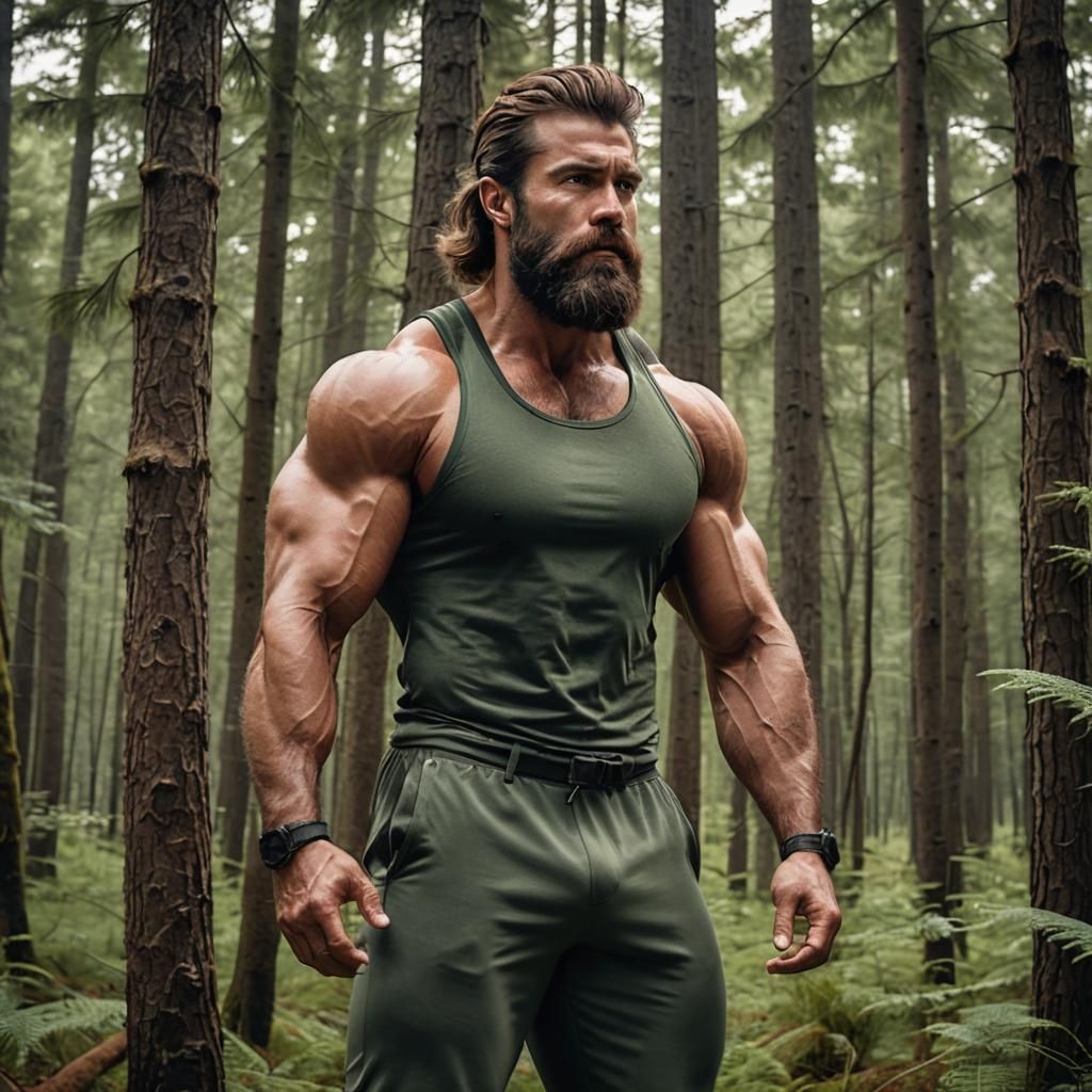 Muscular Bearded Man Flexing in Forest