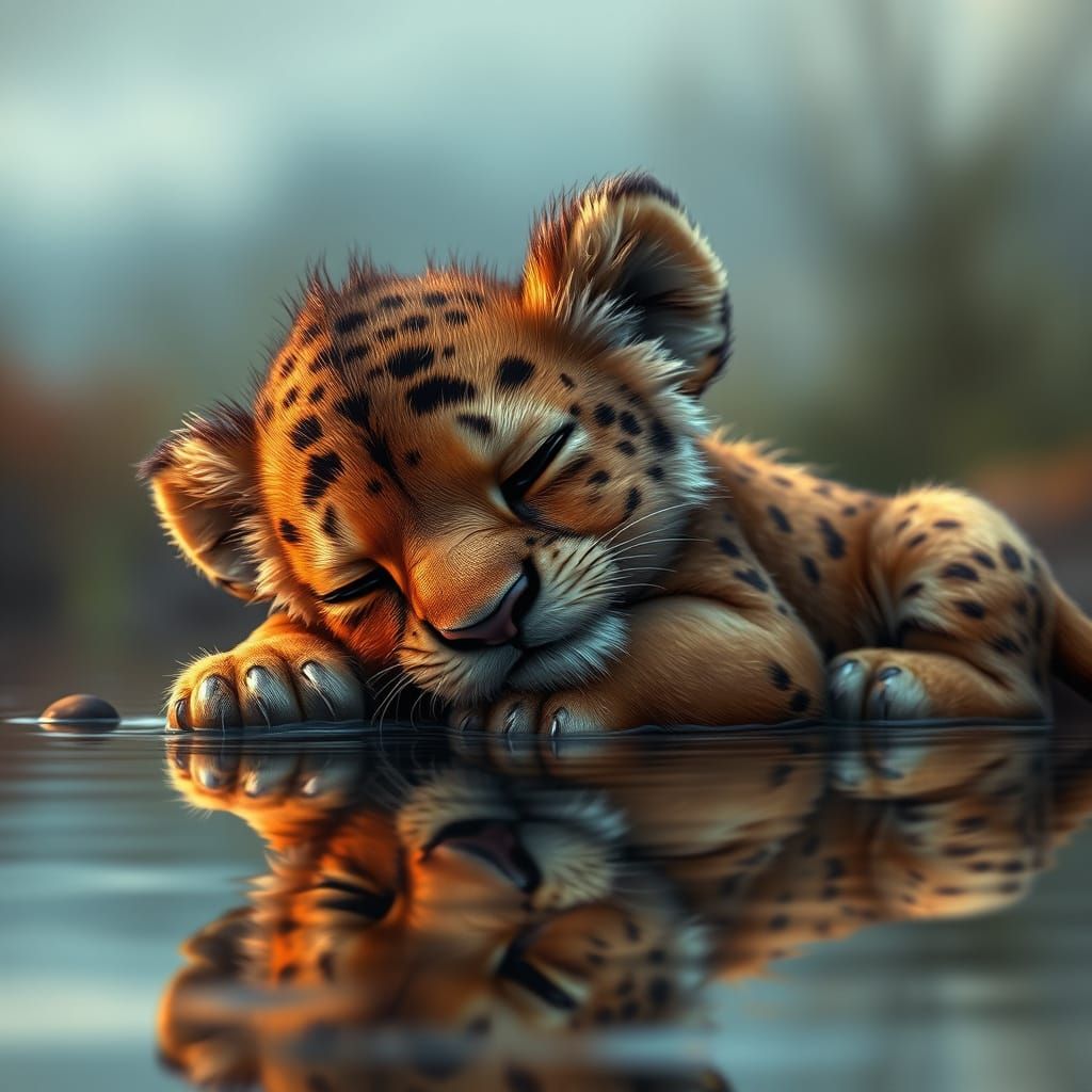 A kawaii style young lion cub lying down, seemingly in a state of relaxation or sleep. The cub's head is tilted slightly...