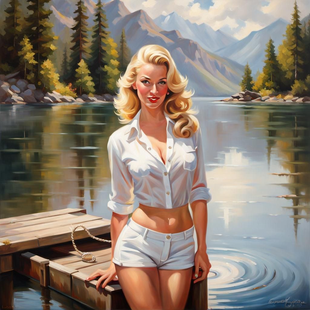 Pin-Up Style Painting of Woman on Mountain Lake Dock