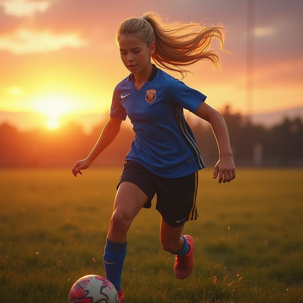 Teenage Girl Plays Soccer in Golden Sunset Light