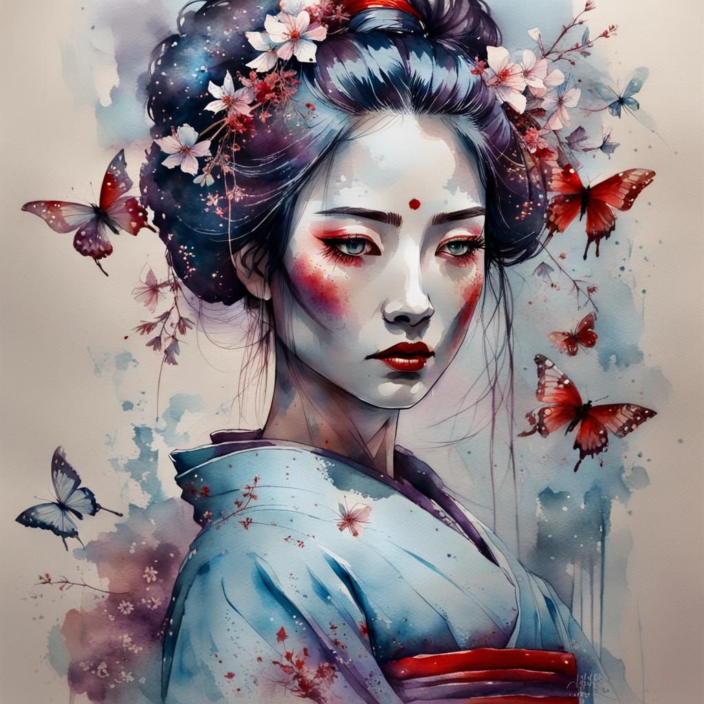 Ethereal Geisha Girl Portrait in Watercolor Style