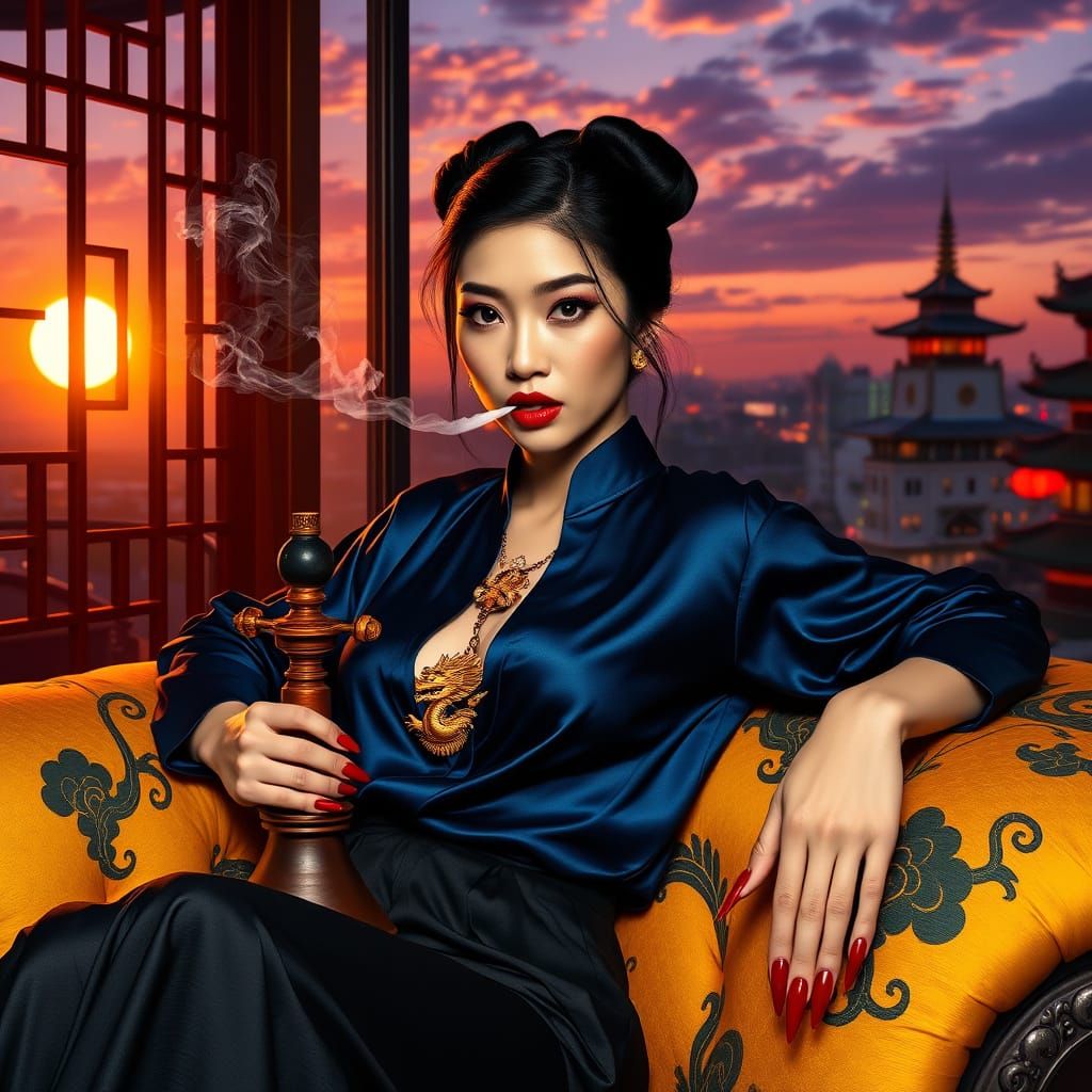 Opium Den Queen: Chinatown Portrait in Splash Art Style