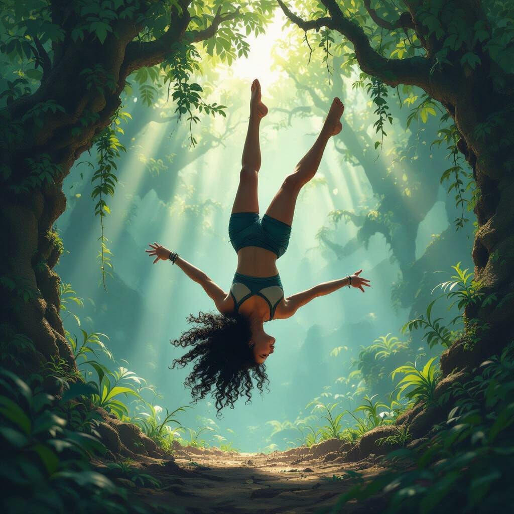 Acrobatic Woman Flips in Mystical Forest