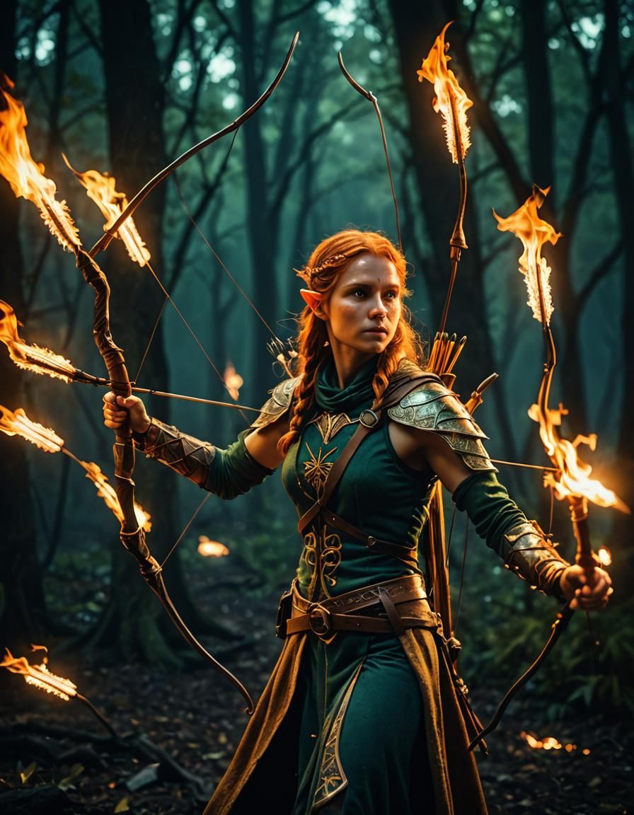 Elf Archer with Flame Arrows at Midnight
