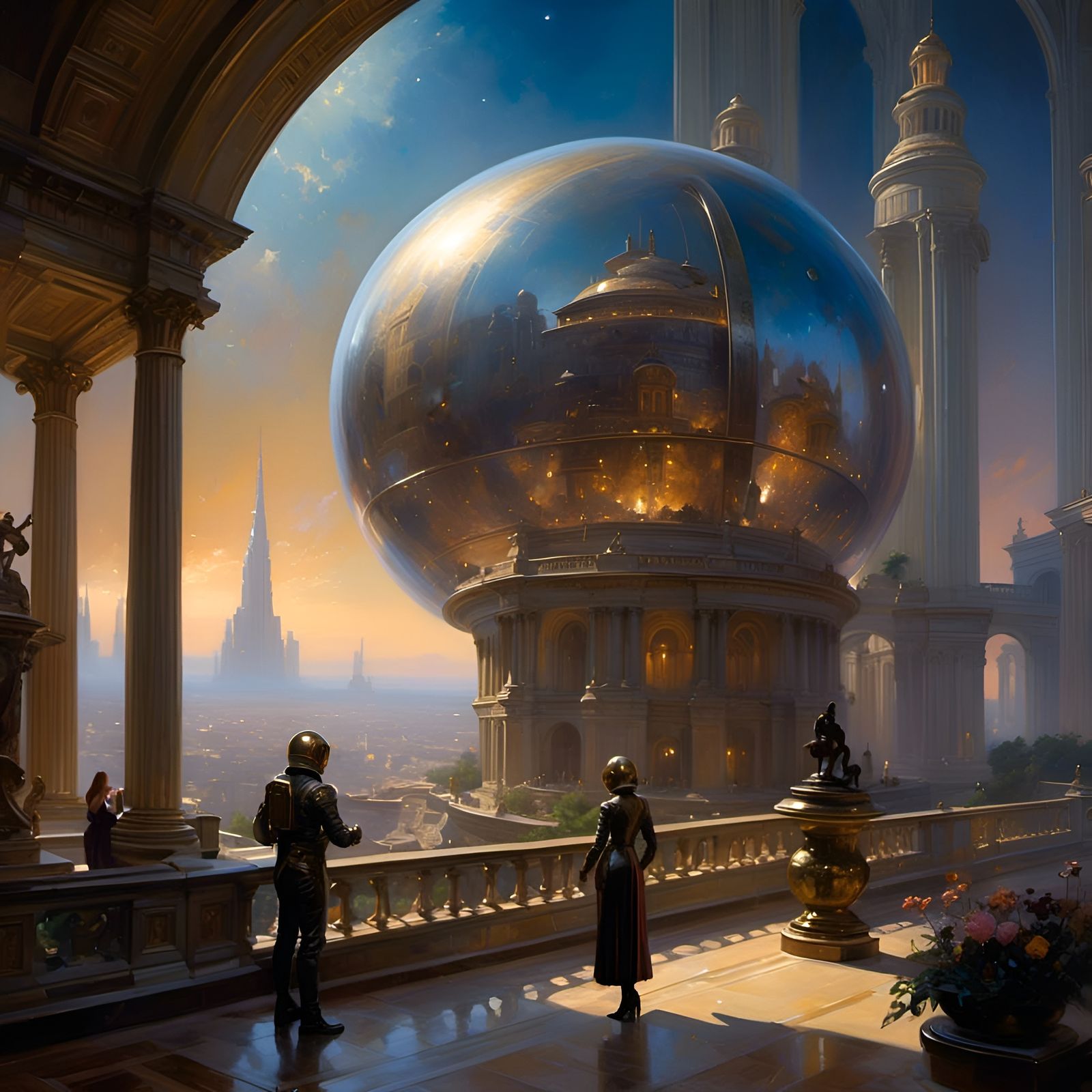 Cosmic Astronaut Helmet Reflecting Futuristic City