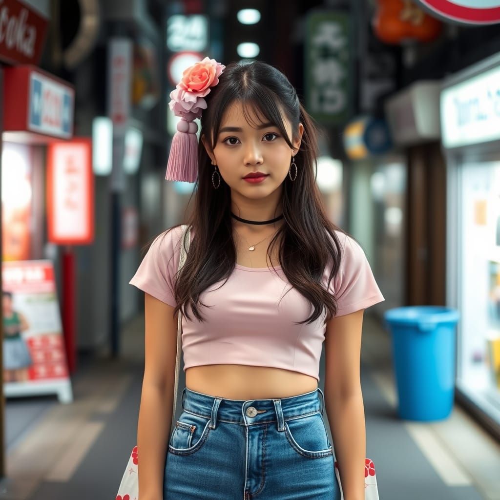 Hyperrealistic Japanese Woman in Tokyo Street Scene