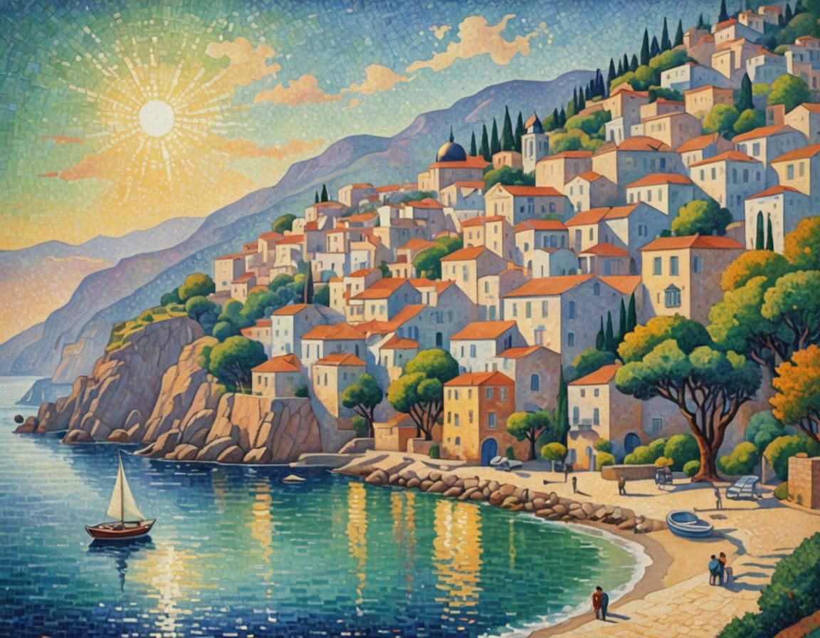 Greek Coastal Town in Pointillism Style