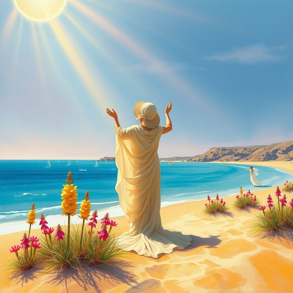 Santorini Goddess Amidst Vibrant Sea Asphodels