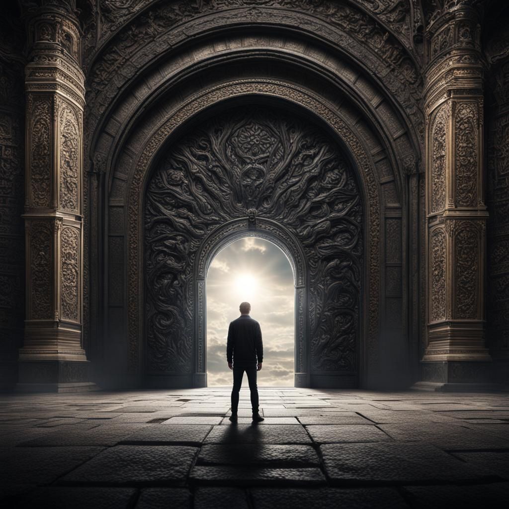 Hyperrealistic Man Before a Light and Dark Portal