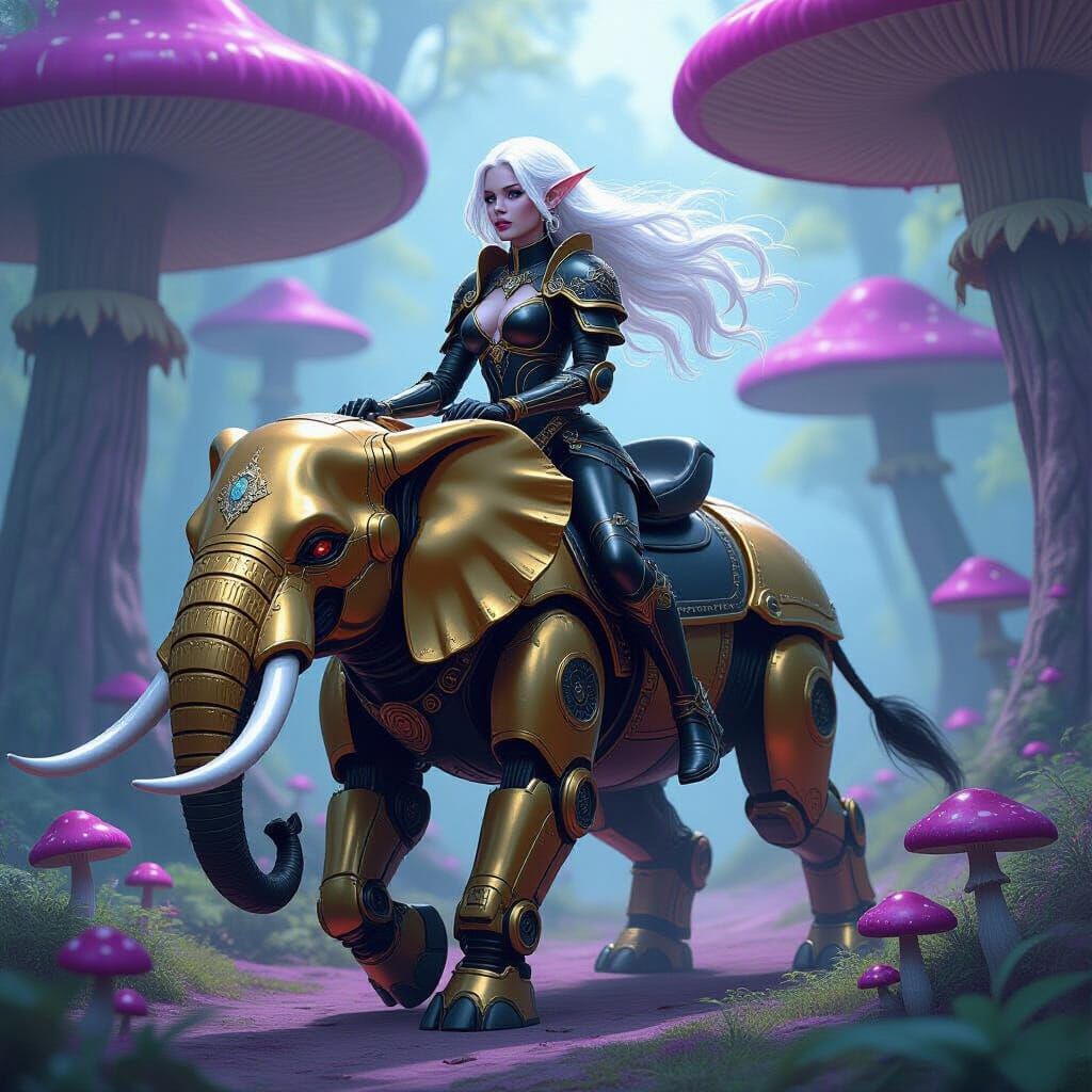 Dark Elf Rides Golden Robot Elephant