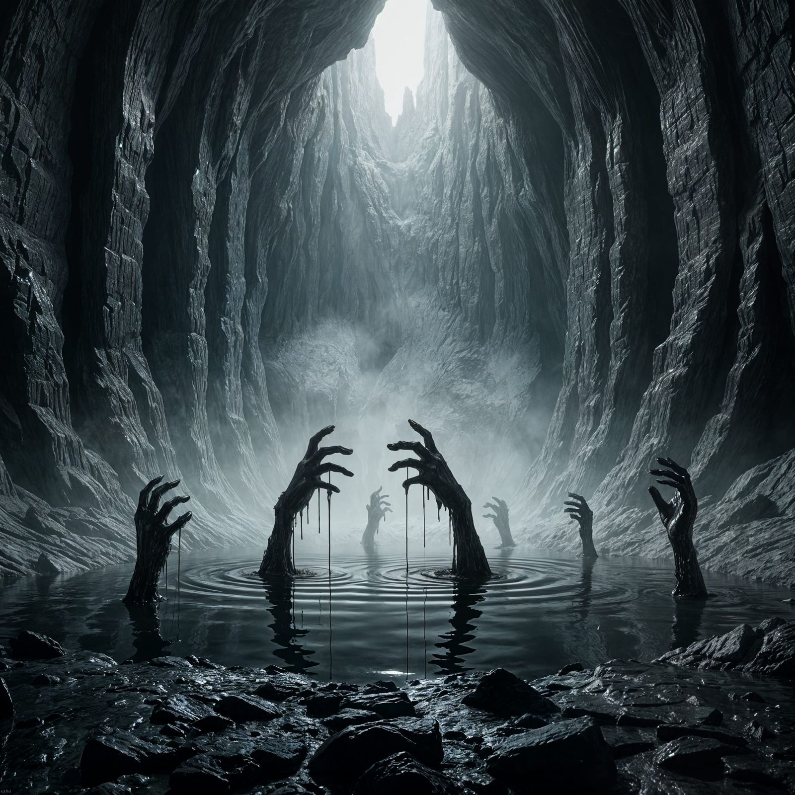 Surreal Horror: Black Tar Hands Emerge from Cavern Pool