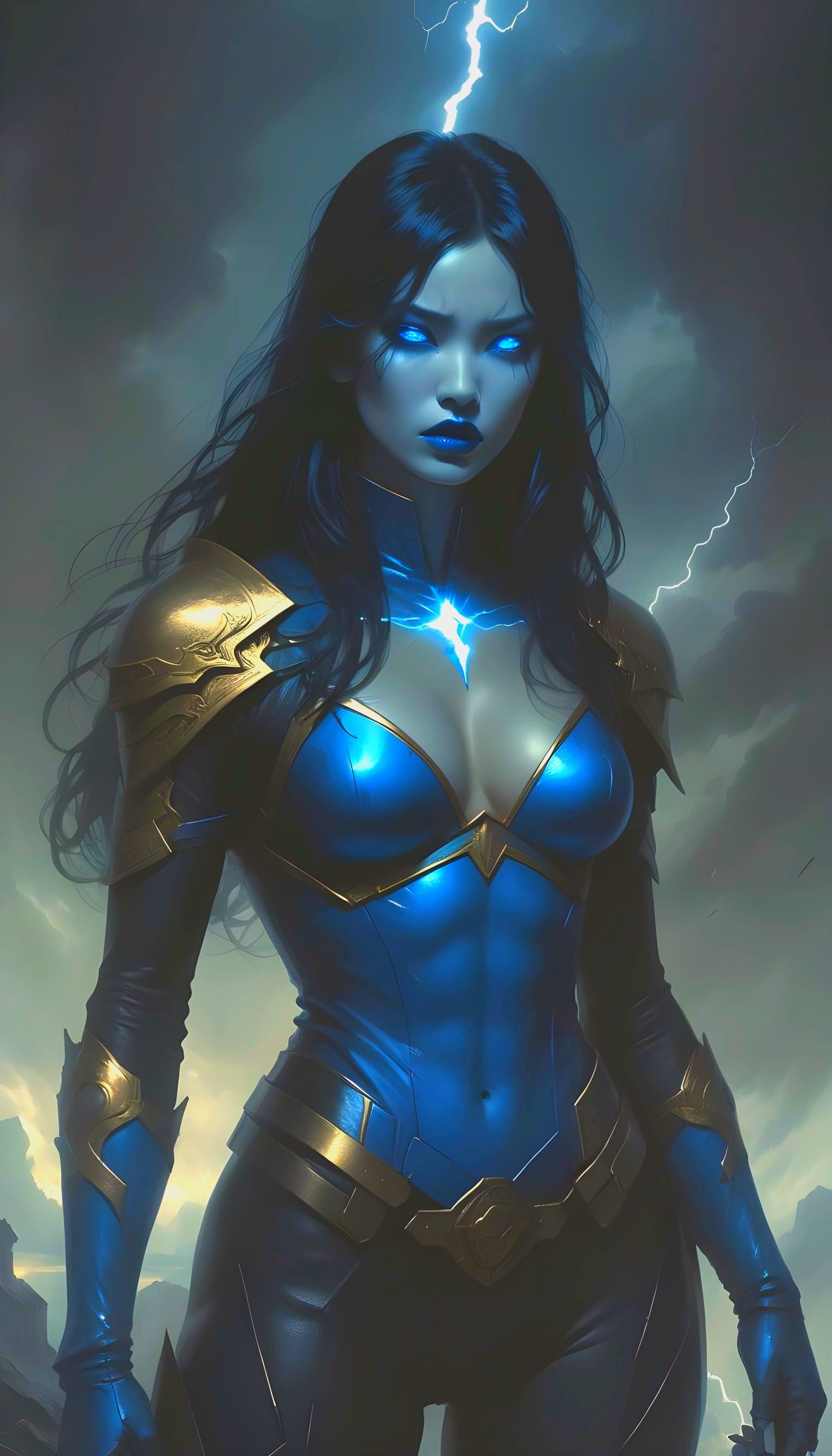 Ethereal Blue Superheroine with Glowing Eyes
