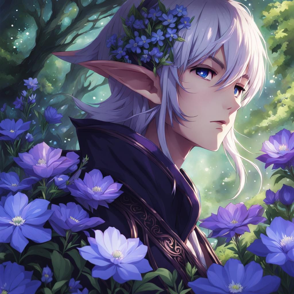 Dark Elf Surrounded by Flowers in Anime Style
