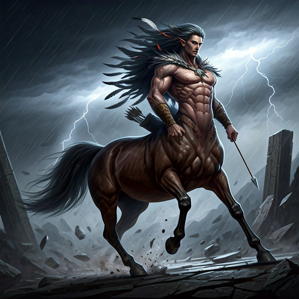 Centaur Warrior Charges Through Stormy Ruins