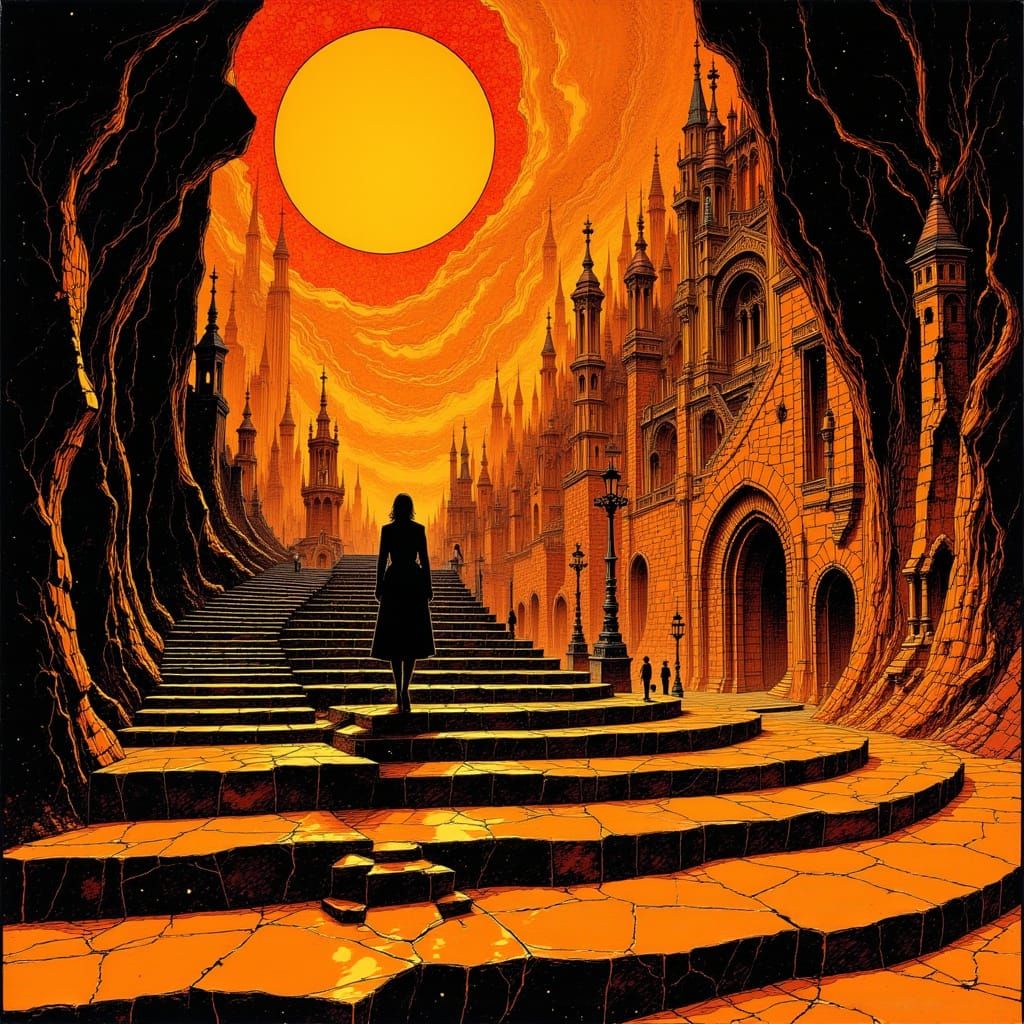 Surreal Staircase Scene in Escher Style