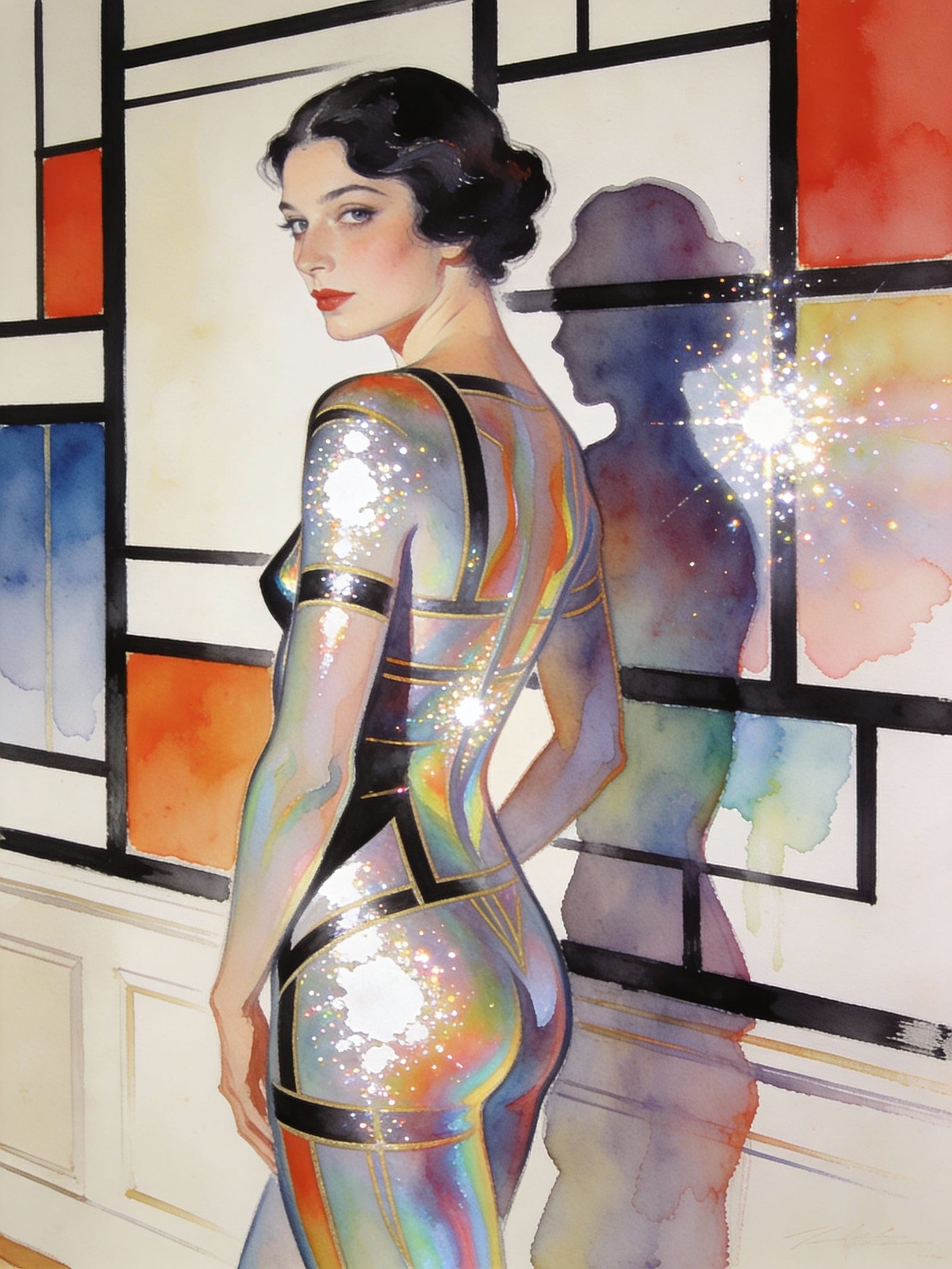 Woman in Profile Poses with Geometric Art Deco Wall