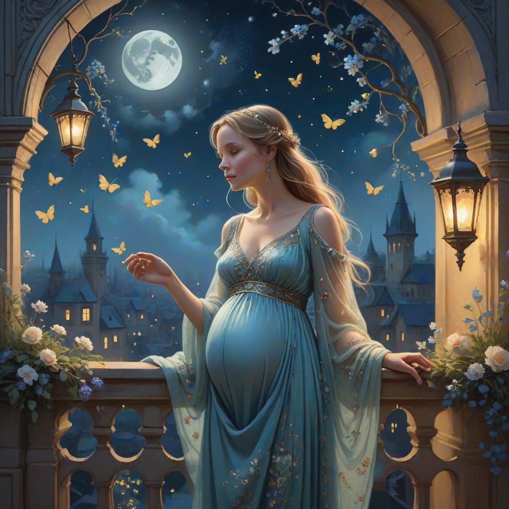 Pregnant Woman on Balcony in Storybook Style
