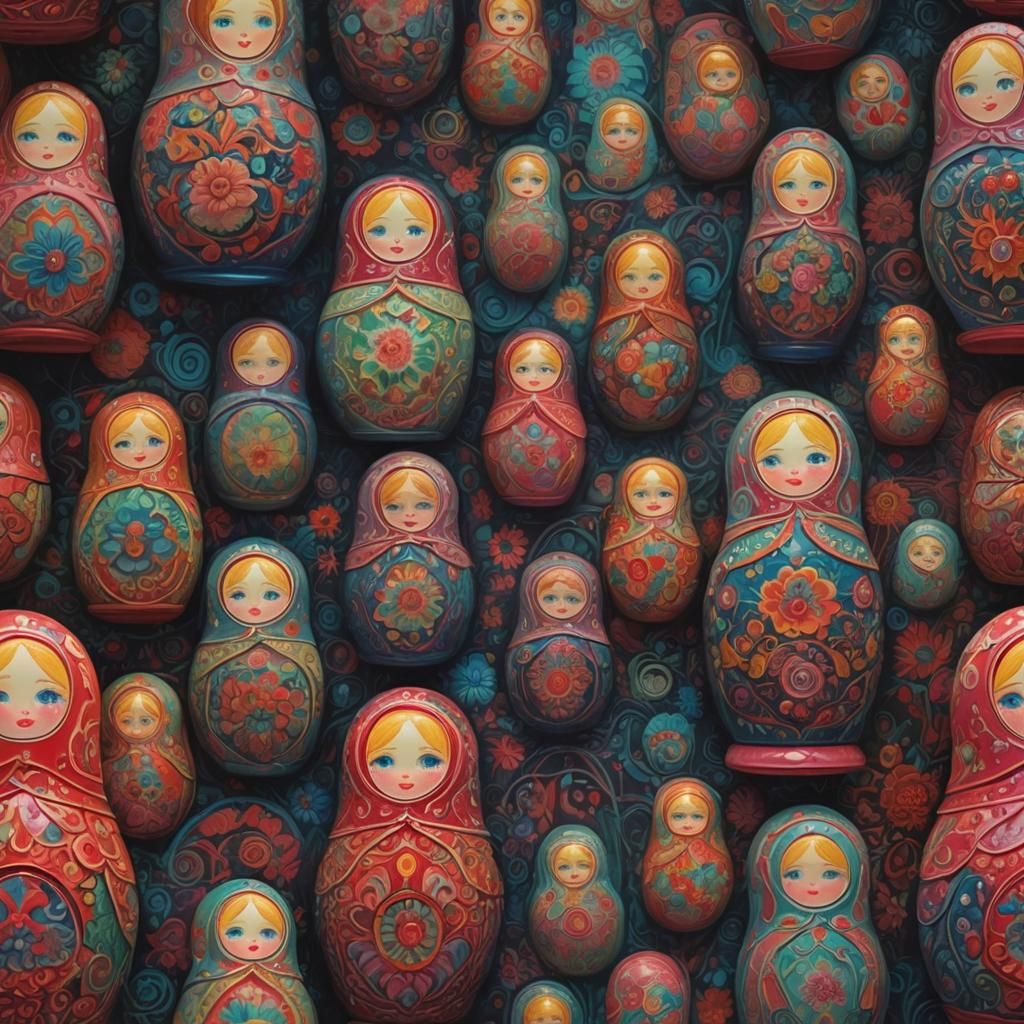 Neon Slavic Matryoshka Doll in Surreal Setting