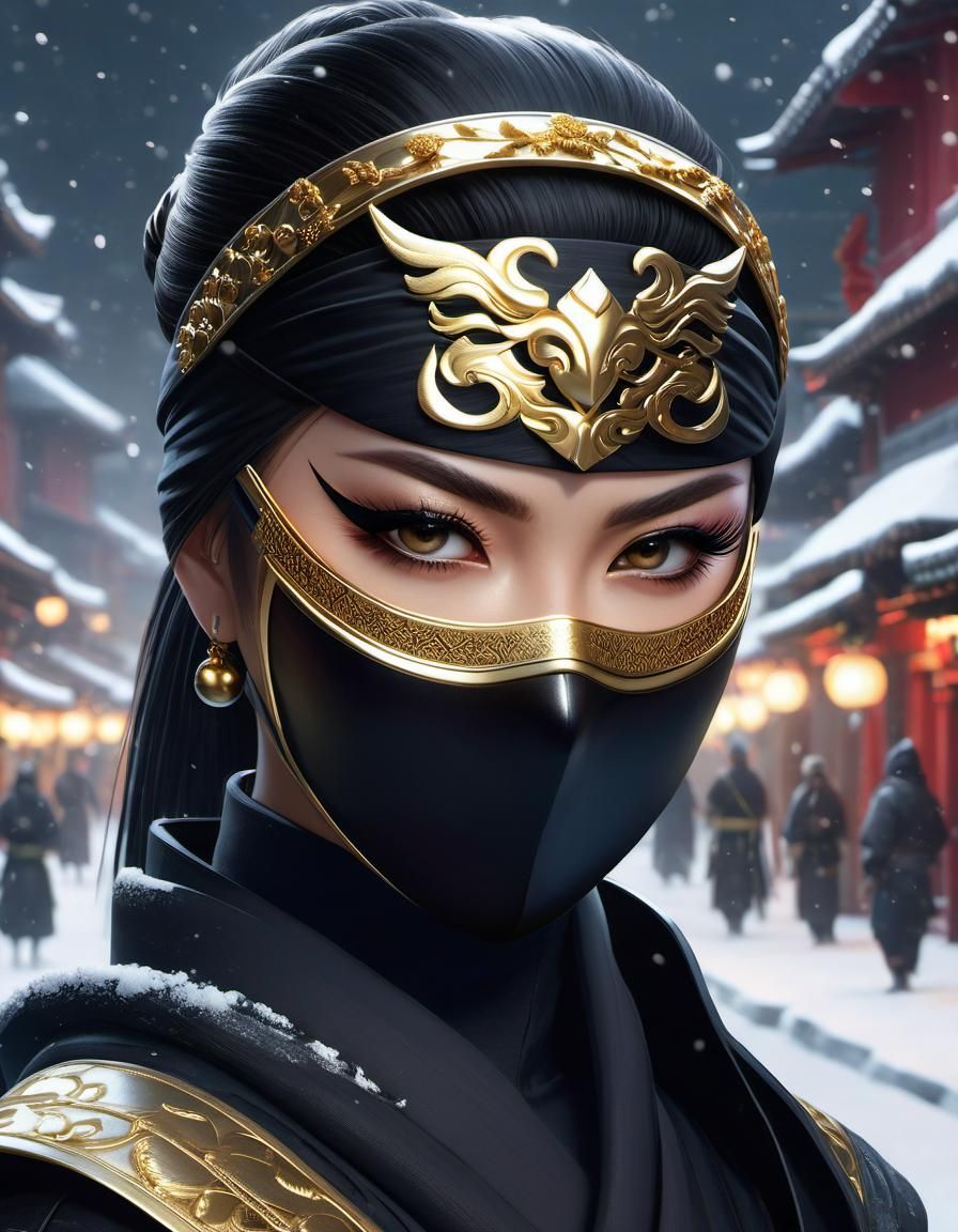 Masked Ninja in Snowy Moscow: ArtStation Style