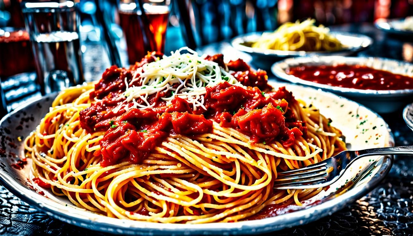 Angel Enjoying Pasta at Italian Cafe