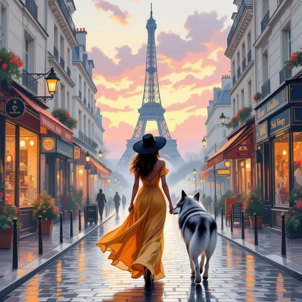 Woman with Wolf in Paris Sunrise, Art Nouveau Style