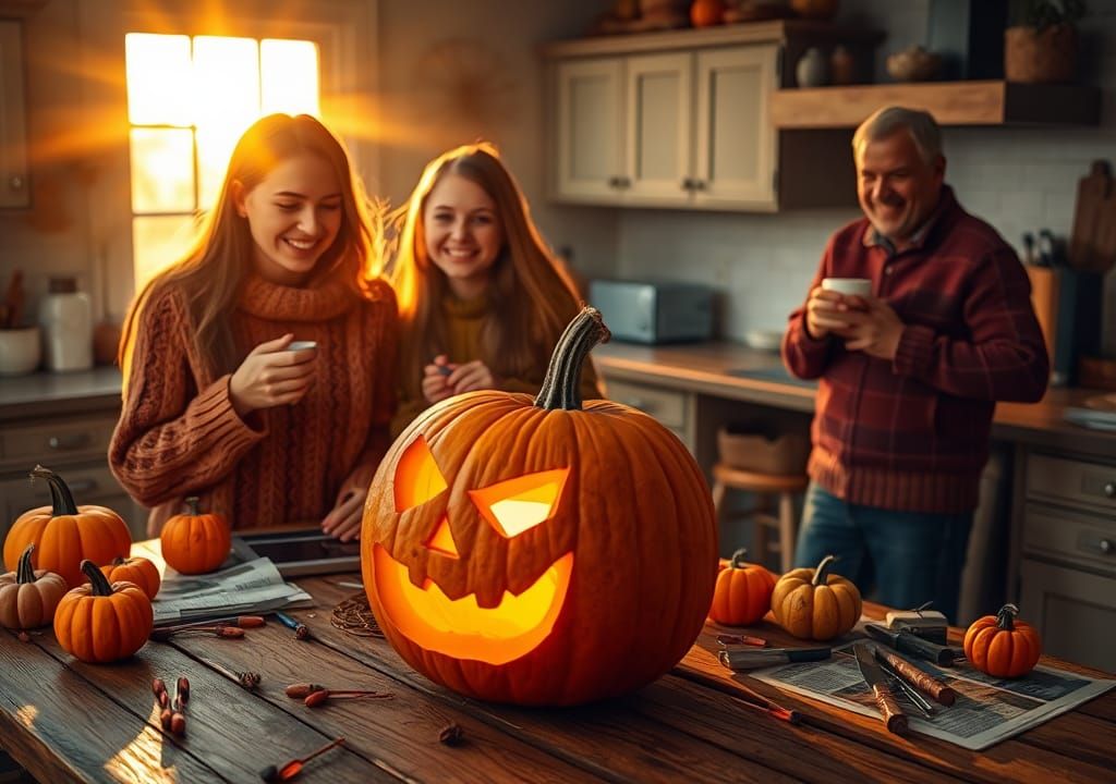 Family Carving Pumpkins in Golden Autumn Light