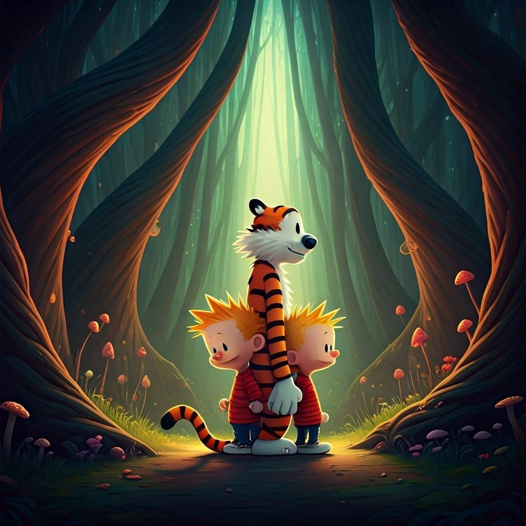 Whimsical Fantasy Landscape with Calvin and Hobbes