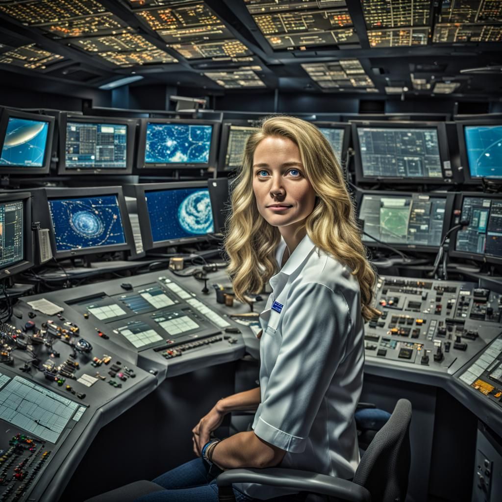 Blonde Scientist in NASA Control Room: Hyperrealistic