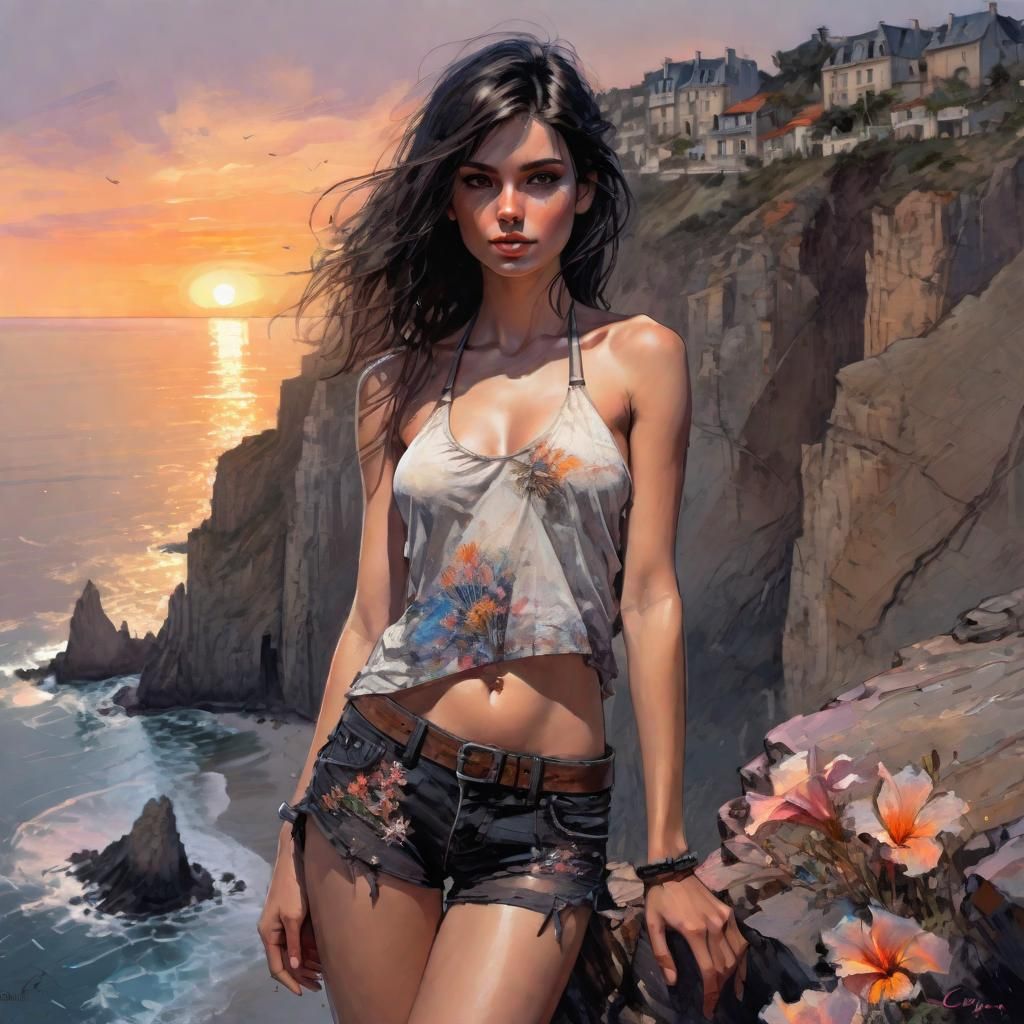 Sunset Portrait of Woman by Ocean in Splash Art